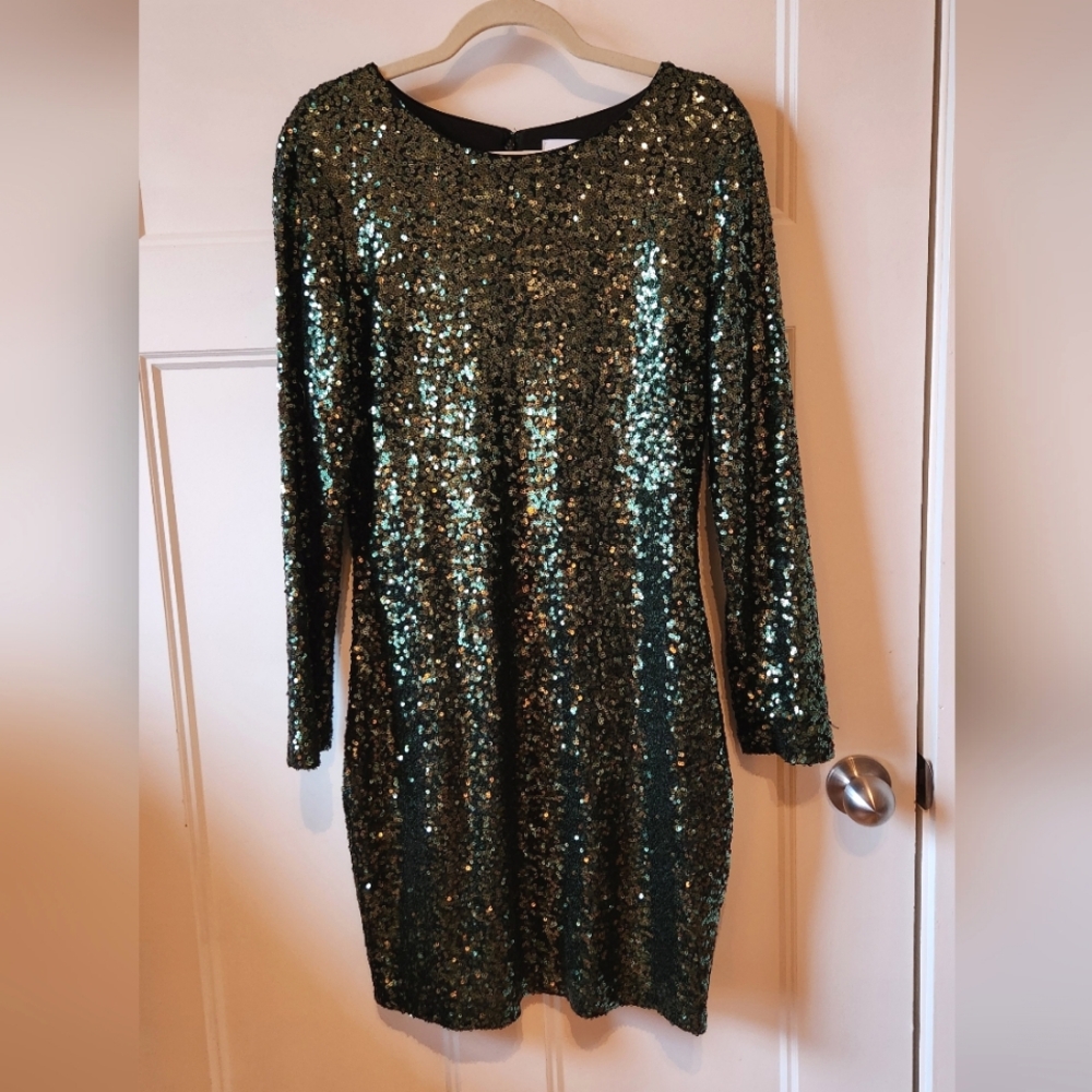 Badgley Mischka Green Sequin Shamrock Mini Dress Size 14